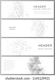 The minimalistic vector illustration of editable layout of headers, banner design templates in popular formats. Polygonal background with triangles, connecting dots and lines. Connection structure