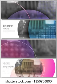 The minimalistic vector illustration of the editable layout of headers, banner design templates. Creative modern bright background with colorful circles and round shapes.