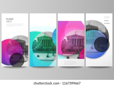 The minimalistic vector illustration of the editable layout of flyer, banner design templates. Creative modern bright background with colorful circles and round shapes.