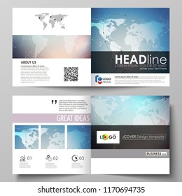 The minimalistic vector illustration of the editable layout of two covers templates for square design brochure, flyer, booklet. Polygonal geometric linear texture. Global network, dig data concept.