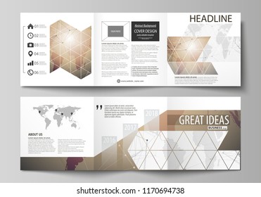 The minimalistic vector illustration of the editable layout. Two modern creative covers design templates for square brochure or flyer. Global network connections, technology background with world map.