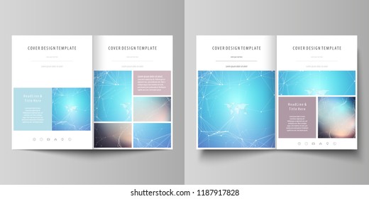 The minimalistic vector illustration of editable layout of two A4 format modern covers design templates for brochure, flyer, report. Molecule structure. Science, technology concept. Polygonal design.