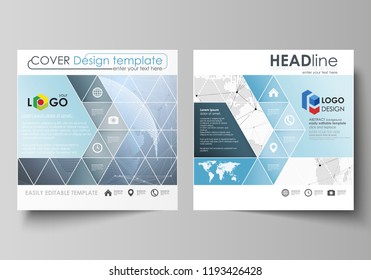 The minimalistic vector illustration of the editable layout of two square format covers design templates for brochure, flyer, booklet. World globe on blue. Global network connections, lines and dots.