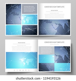The minimalistic vector illustration of the editable layout of two covers templates for square design brochure, flyer, booklet. Abstract global design. Chemistry pattern, molecule structure.