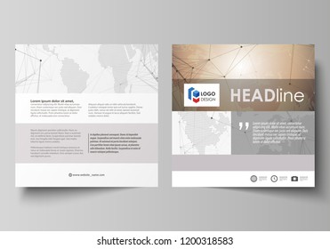 The minimalistic vector illustration of the editable layout of two square format covers design templates for brochure, flyer, booklet. Global network connections, technology background with world map.