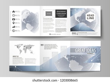 The minimalistic vector illustration of the editable layout. Two modern creative covers design templates for square brochure or flyer. Abstract futuristic network shapes. High tech background.