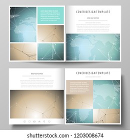 The minimalistic vector illustration of the editable layout of two covers templates for square design brochure, flyer, booklet. Chemistry pattern with molecule structure. Medical DNA research.