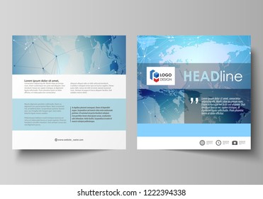 The minimalistic vector illustration of the editable layout of two square format covers design templates for brochure, flyer, booklet. World map on blue, geometric technology design, polygonal texture
