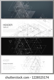 The minimalistic vector illustration of editable layout of headers, banner design templates in popular formats. Polygonal background with triangles, connecting dots and lines. Connection structure