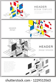 The minimalistic vector illustration of the editable layout of headers, banner design templates. Abstract polygonal background, colorful mosaic pattern, retro bauhaus de stijl design.
