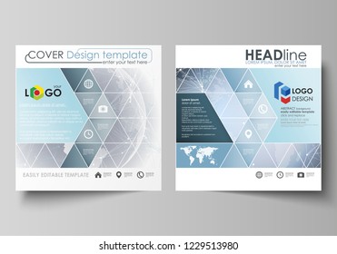 The minimalistic vector illustration of the editable layout of two square format covers design templates for brochure, flyer, booklet. Abstract futuristic network shapes. High tech background.