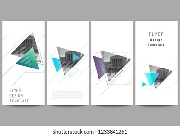 The minimalistic vector illustration of the editable layout of flyer, banner design templates. Colorful polygonal background with triangles with modern memphis pattern.