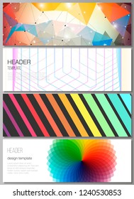 The minimalistic vector illustration of the editable layout of headers, banner design templates in popular formats. Abstract colorful geometric backgrounds in minimalistic design to choose from.