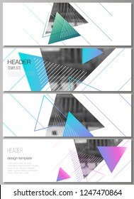 The minimalistic vector illustration of the editable layout of headers, banner design templates. Colorful polygonal background with triangles with modern memphis pattern.