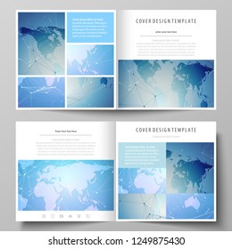 The minimalistic vector illustration of the editable layout of two covers templates for square design brochure, flyer, booklet. World map on blue, geometric technology design, polygonal texture.