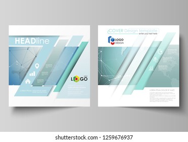 The minimalistic vector illustration of the editable layout of two square format covers design templates for brochure, flyer, magazine. Chemistry pattern, connecting lines and dots. Medical concept.