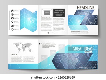 The minimalistic vector illustration of the editable layout. Two modern creative covers design templates for square brochure or flyer. Abstract global design. Chemistry pattern, molecule structure.