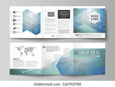 The minimalistic vector illustration of the editable layout. Two modern creative covers design templates for square brochure or flyer. Chemistry pattern, connecting lines and dots. Medical concept.