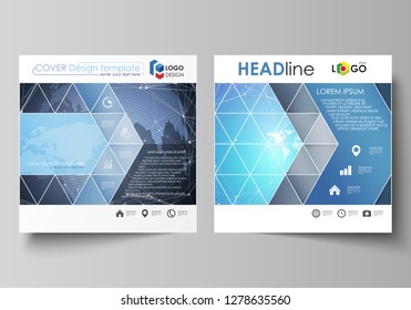 The minimalistic vector illustration of the editable layout of two square format covers design templates for brochure, flyer, booklet. Abstract global design. Chemistry pattern, molecule structure.