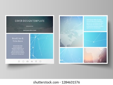 The minimalistic vector illustration of editable layout of two square format covers design templates for brochure, flyer, magazine. Molecule structure. Science, technology concept. Polygonal design.
