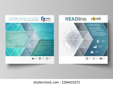 The minimalistic vector illustration of editable layout of two square format covers design templates for brochure, flyer, booklet. Chemistry pattern. Molecule structure. Medical, science background.