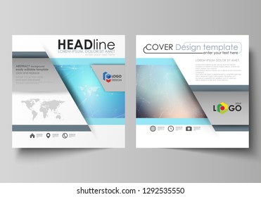 The minimalistic vector illustration of editable layout of two square format covers design templates for brochure, flyer, magazine. Molecule structure. Science, technology concept. Polygonal design.