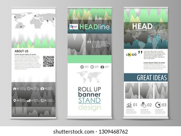 The minimalistic vector illustration of the editable layout of roll up banner stands, vertical flyers, flags design business templates. Rows of colored diagram with peaks of different height.