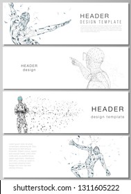 The minimalistic vector illustration of the editable layout of headers, banner design templates. Man with glasses of virtual reality. Abstract vr, future technology concept.