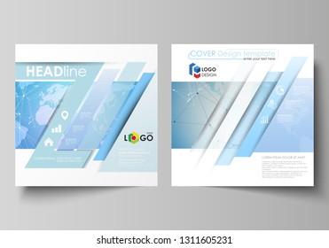 The minimalistic vector illustration of editable layout of two square format covers design templates for brochure, flyer, magazine. World map on blue, geometric technology design, polygonal texture.