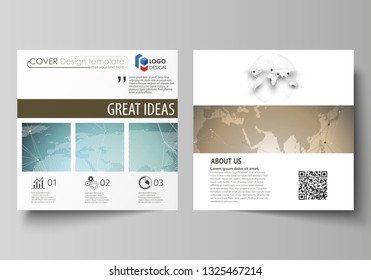 The minimalistic vector illustration of the editable layout of two square format covers design templates for brochure, flyer, booklet. Chemistry pattern with molecule structure. Medical DNA research