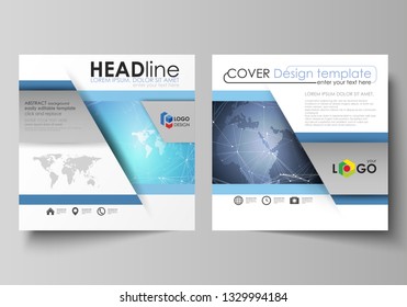 The minimalistic vector illustration of the editable layout of two square format covers design templates for brochure, flyer, magazine. Abstract global design. Chemistry pattern, molecule structure.