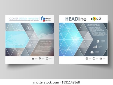 The minimalistic vector illustration of the editable layout of two square format covers design templates for brochure, flyer, booklet. Molecule structure. Science, technology concept. Polygonal design