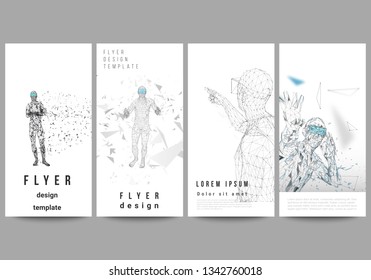 The minimalistic vector illustration of the editable layout of flyer, banner design templates. Man with glasses of virtual reality. Abstract vr, future technology concept.