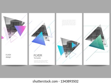 The minimalistic vector illustration of the editable layout of flyer, banner design templates. Colorful polygonal background with triangles with modern memphis pattern.