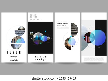 The minimalistic vector illustration of the editable layout of flyer, banner design templates. Creative background with circles and round shapes that form planets and stars.