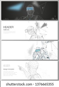 The minimalistic vector illustration of the editable layout of headers, banner design templates. Man with glasses of virtual reality. Abstract vr, future technology concept.