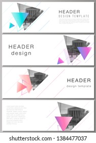 The minimalistic vector illustration of the editable layout of headers, banner design templates. Colorful polygonal background with triangles with modern memphis pattern.