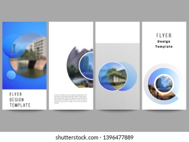 The minimalistic vector illustration of the editable layout of flyer, banner design templates. Creative modern blue background with circles and round shapes.