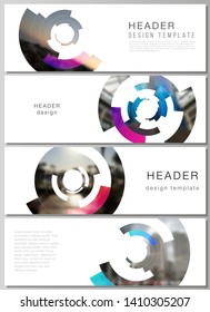 The minimalistic vector illustration of the editable layout of headers, banner design templates. Futuristic design circular pattern, circle elements forming geometric frame for photo.