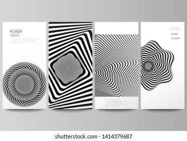 The minimalistic vector illustration of the editable layout of flyer, banner design templates. Abstract 3D geometrical background with optical illusion black and white design pattern.