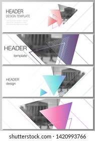 The minimalistic vector illustration of the editable layout of headers, banner design templates. Colorful polygonal background with triangles with modern memphis pattern.