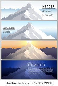 The minimalistic vector illustration of the editable layout of headers, banner design templates. Mountain illustration, outdoor adventure. Travel concept background. Flat design vector.