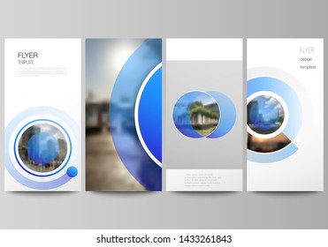 The minimalistic vector illustration of the editable layout of flyer, banner design templates. Creative modern blue background with circles and round shapes.