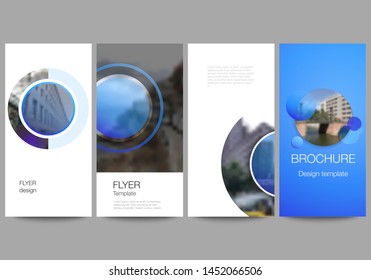 The minimalistic vector illustration of the editable layout of flyer, banner design templates. Creative modern blue background with circles and round shapes.