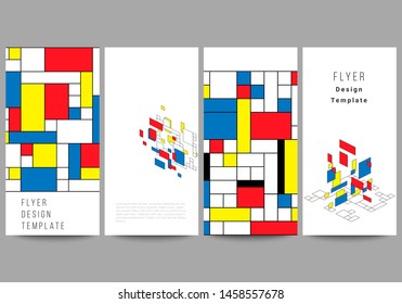 The minimalistic vector illustration of the editable layout of flyer, banner design templates. Abstract polygonal background, colorful mosaic pattern, retro bauhaus de stijl design.