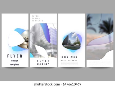 The minimalistic vector illustration of the editable layout of flyer, banner design templates. Blue color gradient abstract dynamic shapes, colorful geometric template design.