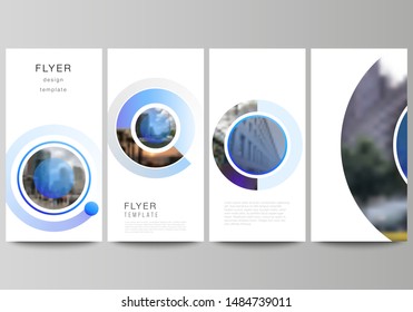 The minimalistic vector illustration of the editable layout of flyer, banner design templates. Creative modern blue background with circles and round shapes.