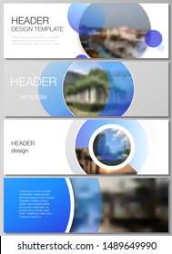 The minimalistic vector illustration of the editable layout of headers, banner design templates. Creative modern blue background with circles and round shapes.