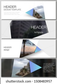 The minimalistic vector illustration of the editable layout of headers, banner design templates. Creative modern background with blue triangles and triangular shapes. Simple design decoration.