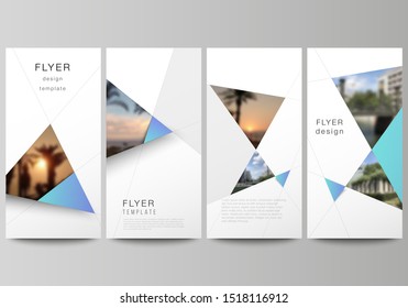 The minimalistic vector illustration of the editable layout of flyer, banner design templates. Creative modern background with blue triangles and triangular shapes. Simple design decoration.